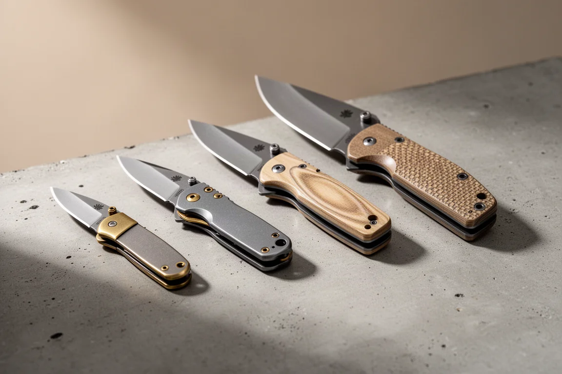 Five folding pocket knives arranged in a row on a matte concrete surface