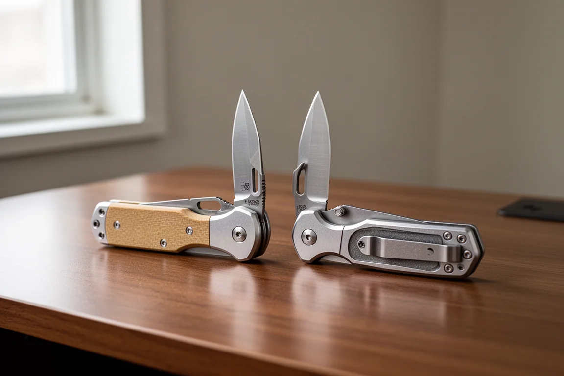 Two folding knives with Micarta and aluminum handles on a wooden desk
