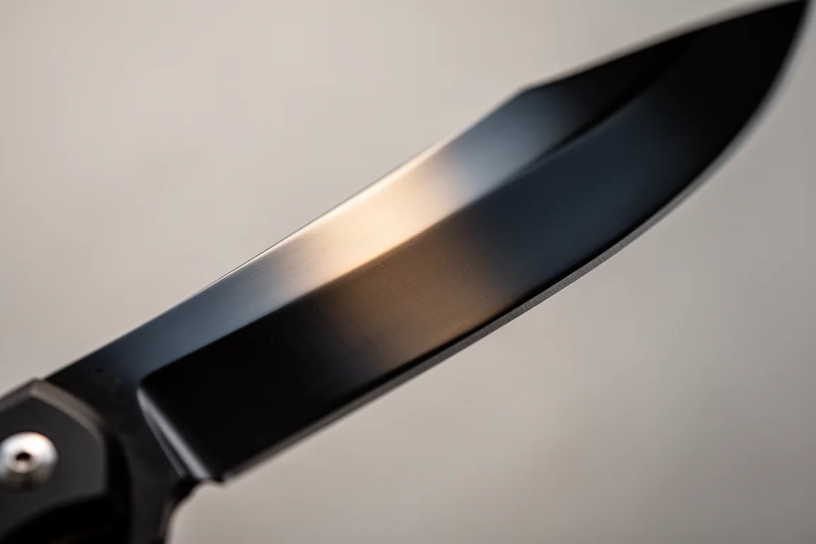 Close-up of a dark polished knife blade reflecting soft light