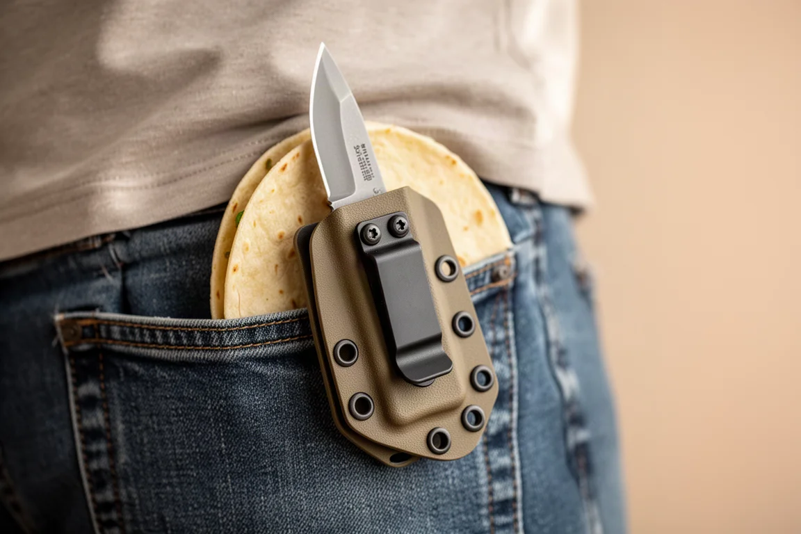Small fixed blade knife in a taco-style sheath clipped to a pocket