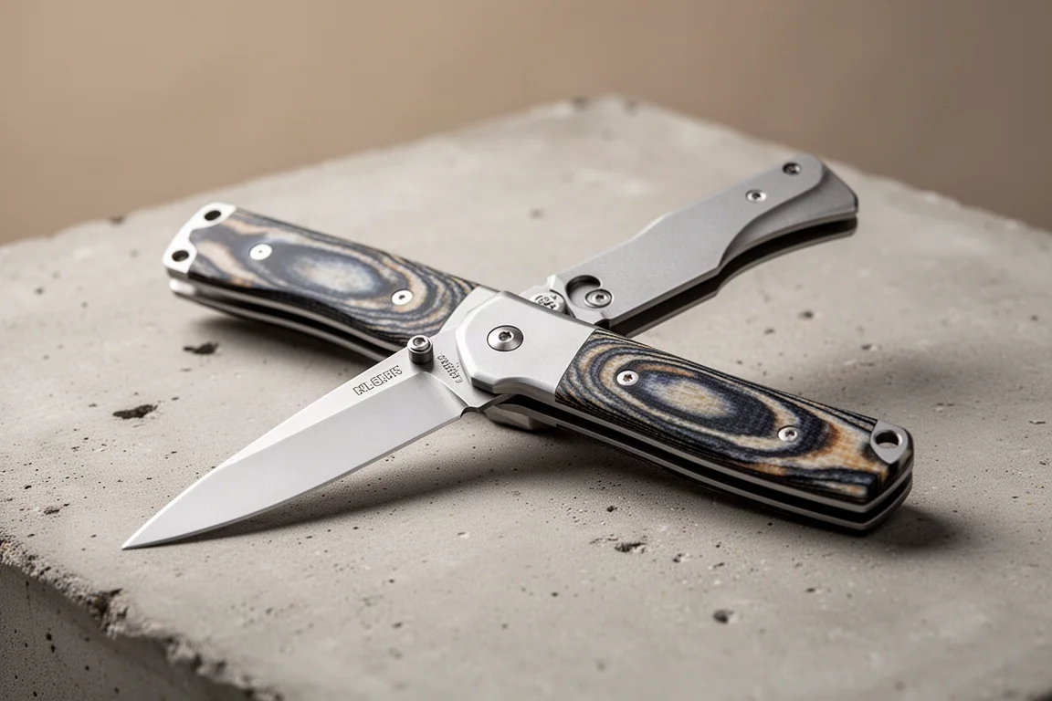 Folding knife with patterned G10 handle scales and clip point blade open on a table