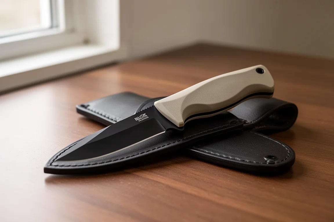 Coltello a lama fissa di piccole dimensioni appoggiato su un fodero in pelle sopra una scrivania in legno