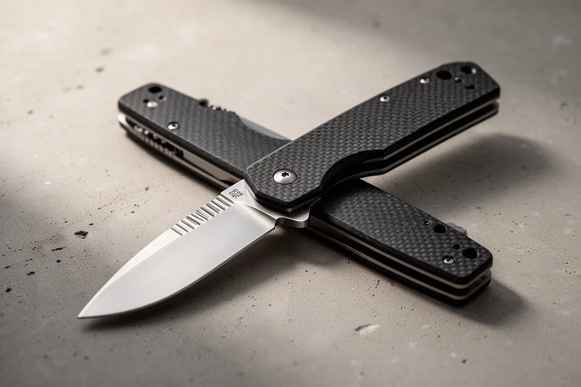 Coltello chiudibile con placchette in G10 texturno su una superficie in cemento