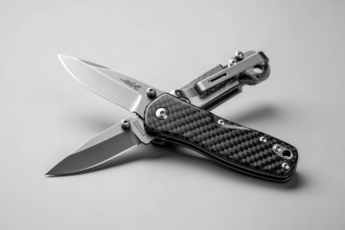 Coltello chiudibile in stile Drop Bear con manico in fibra di carbonio tenuto in posizione aperta