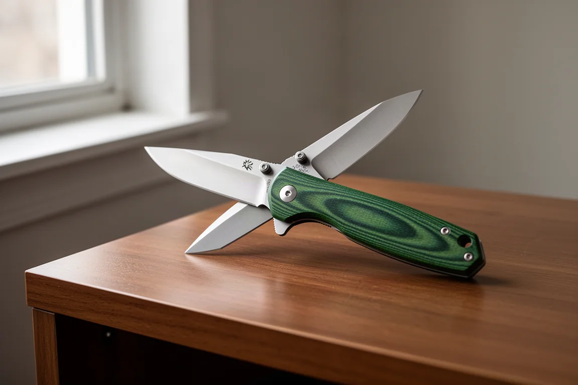 Fällkniv med grön micarta-handtag, öppen på ett träskrivbord