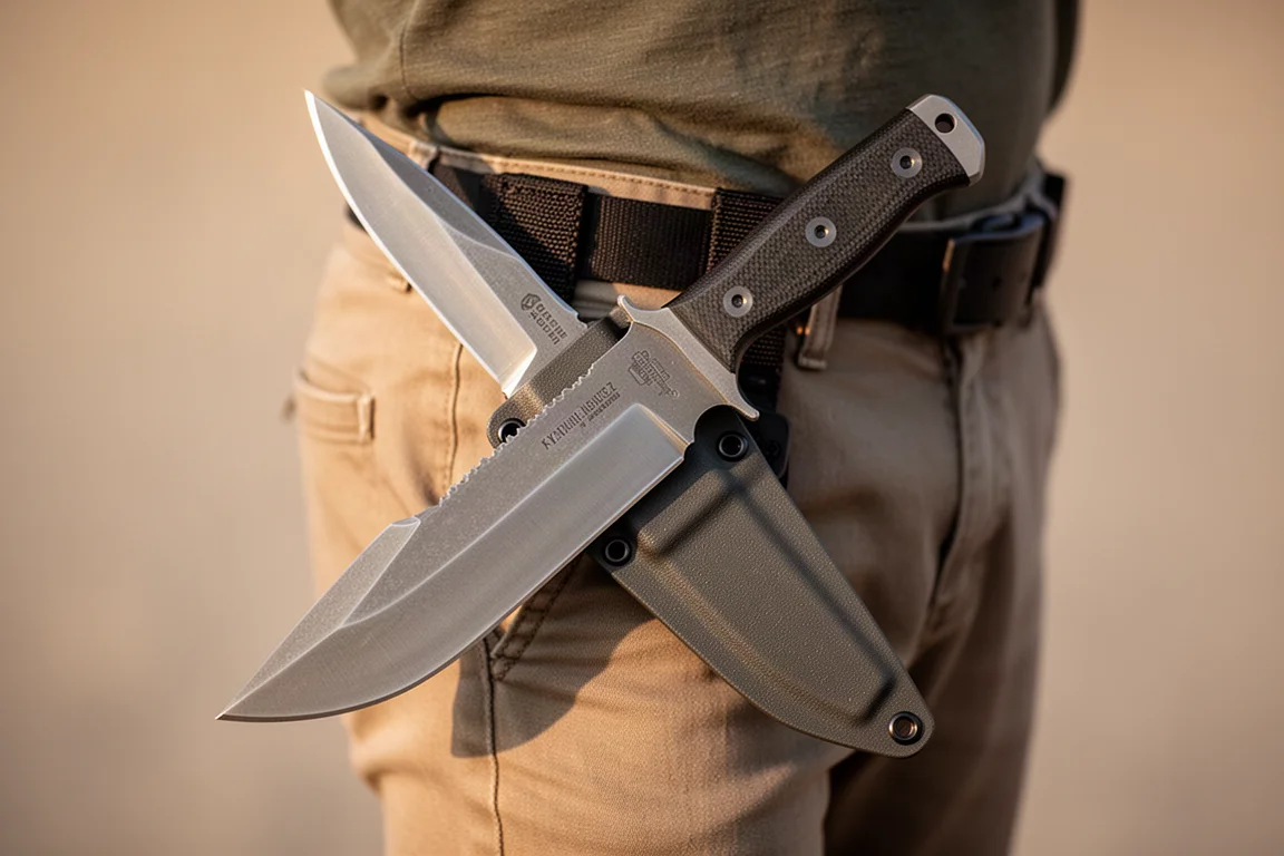 Kniv med fixerat blad som delvis dragits ur ett taco-fodral vid höften