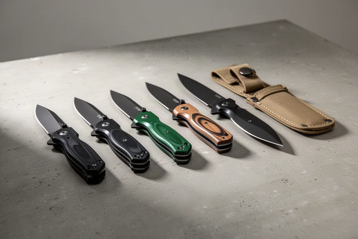Acht Kaiser-Taschenmesser und feststehende Messer in einer Reihe auf einer Betonfläche