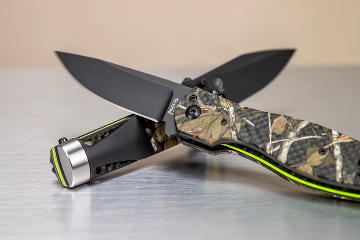 Primo piano della lama scura di un coltello pieghevole con rivestimento DLC e manico in fibra di carbonio