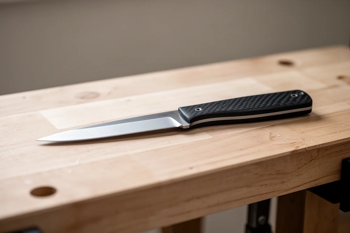 Coltello a lama fissa sottile con molatura full flat appoggiato su un banco di lavoro