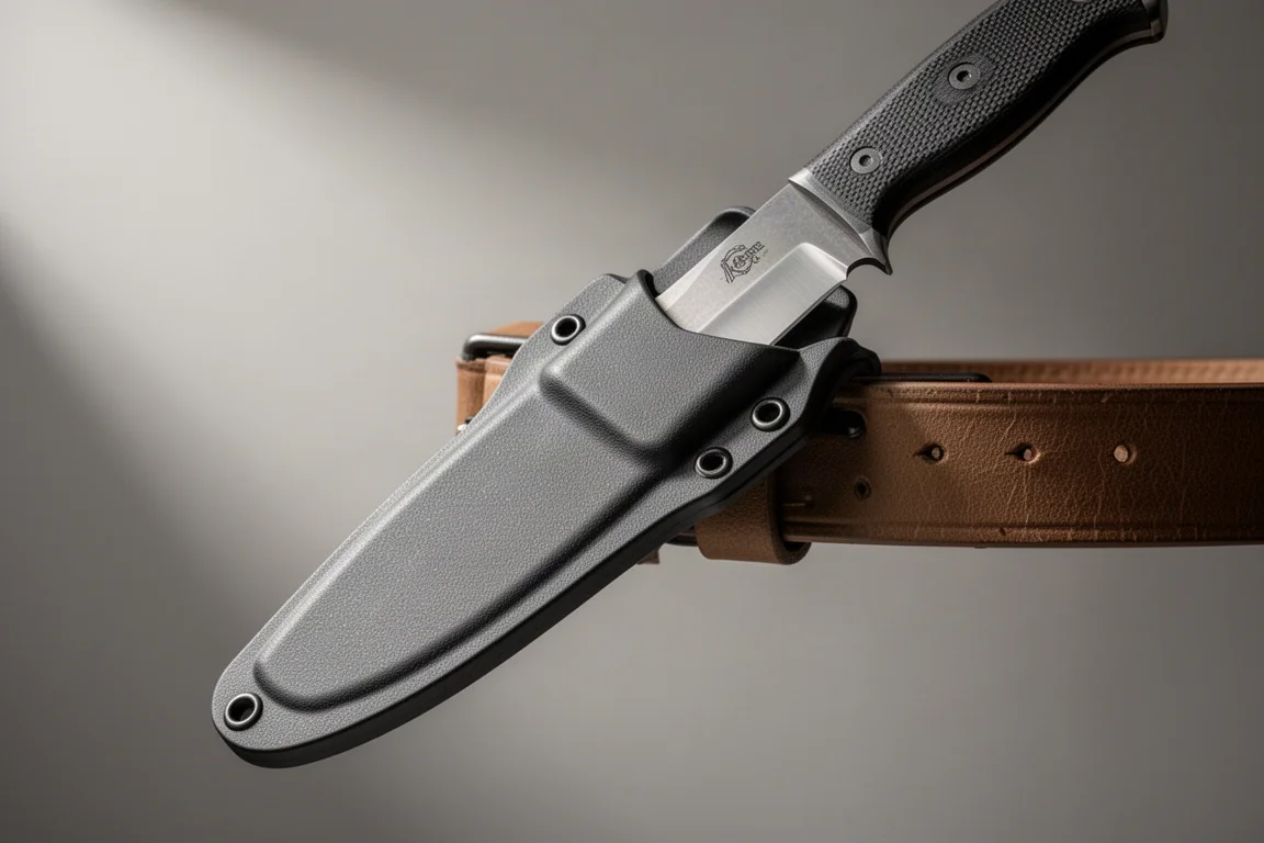 Coltello a lama fissa che scivola in un fodero su misura indossato alla cintura