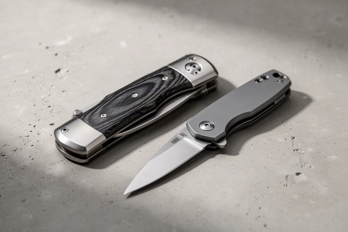 Coltelli pieghevoli Kaiser Mystic e Kaiser Clipper affiancati su una superficie in cemento