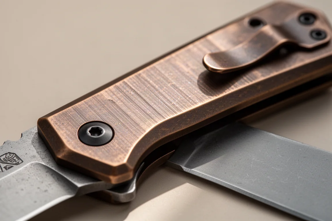 Detailansicht eines bronzeeloxierten Aluminium-Messergriffs mit sichtbarer Textur