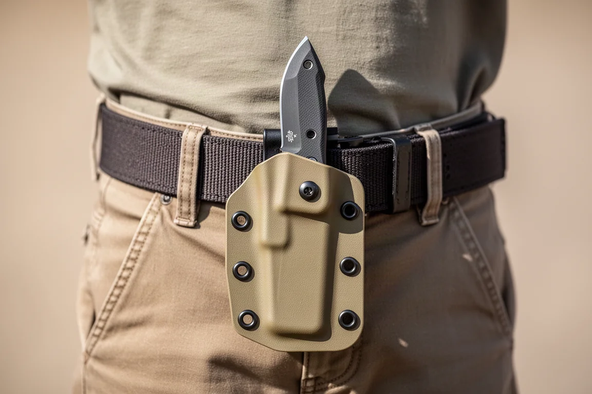 Feststehmesser in einer Kydex-Scheide, draußen am Gürtel befestigt