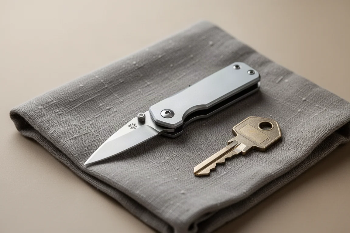 Liten fickkniv hållen öppen med ett fyrfingerfatt på ett aluminiumhandtag