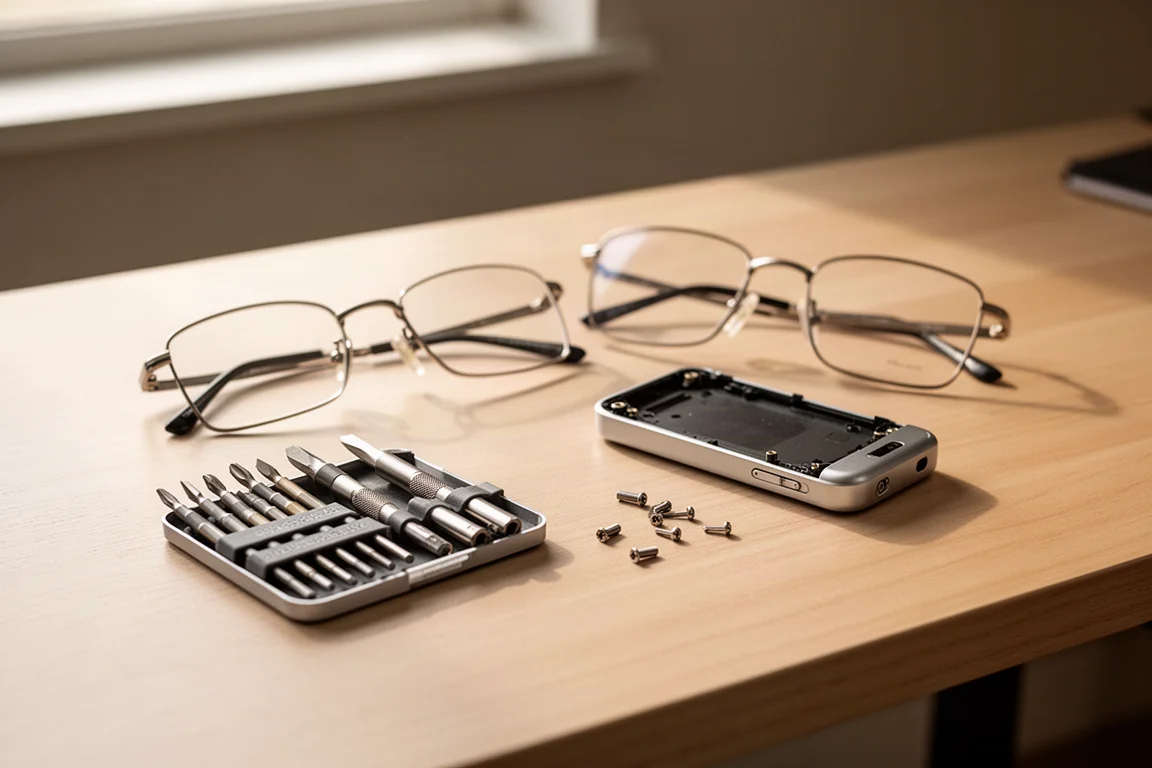 Set di punte di precisione disposto su una scrivania in legno accanto a piccoli dispositivi elettronici