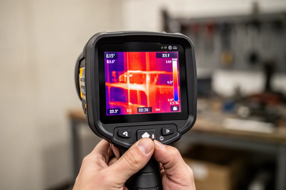 Touch screen posteriore della termocamera che mostra una palette termica colorata