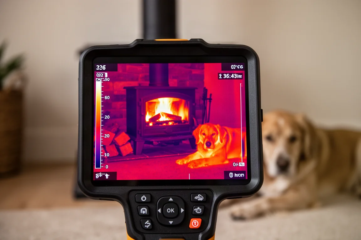 Schermo della termocamera che mostra le differenze di calore su una stufa a legna e le superfici circostanti