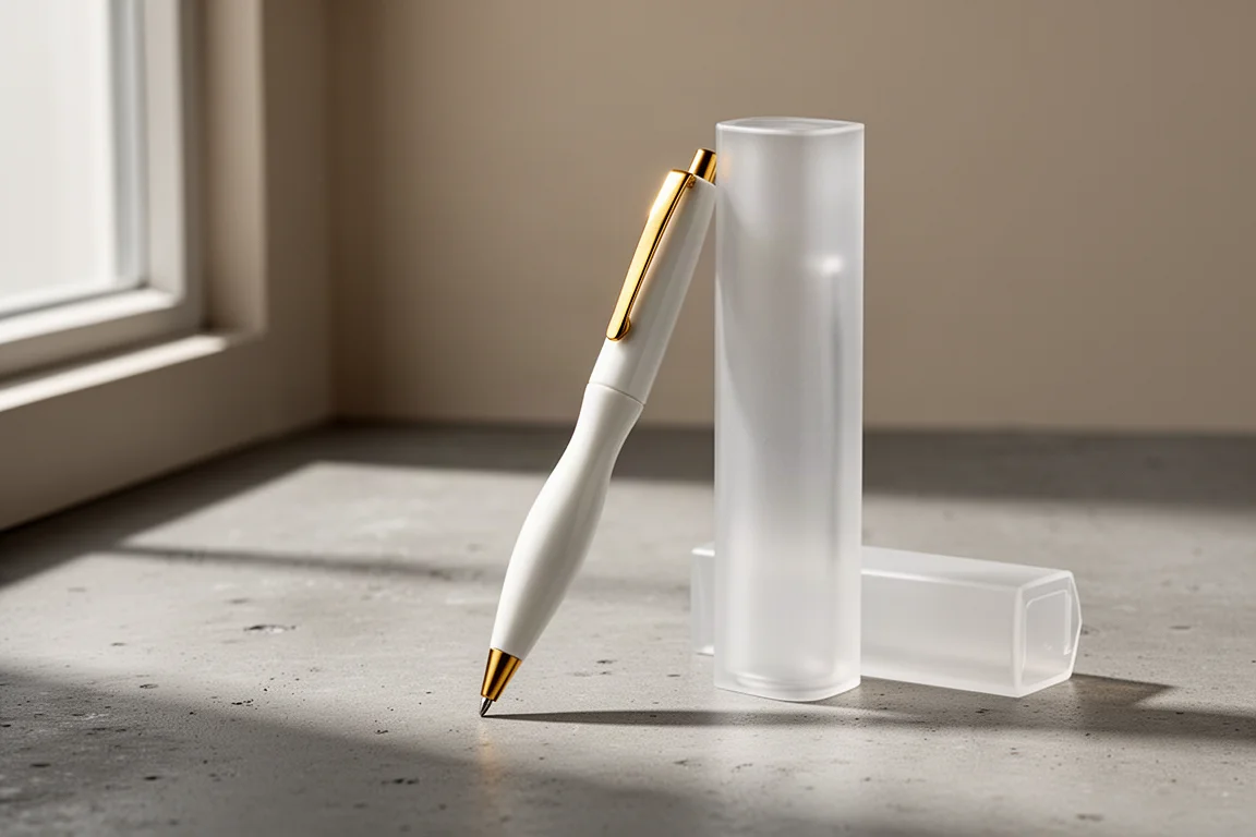 White resin ballpoint pen with gold clip beside frosted packaging on concrete