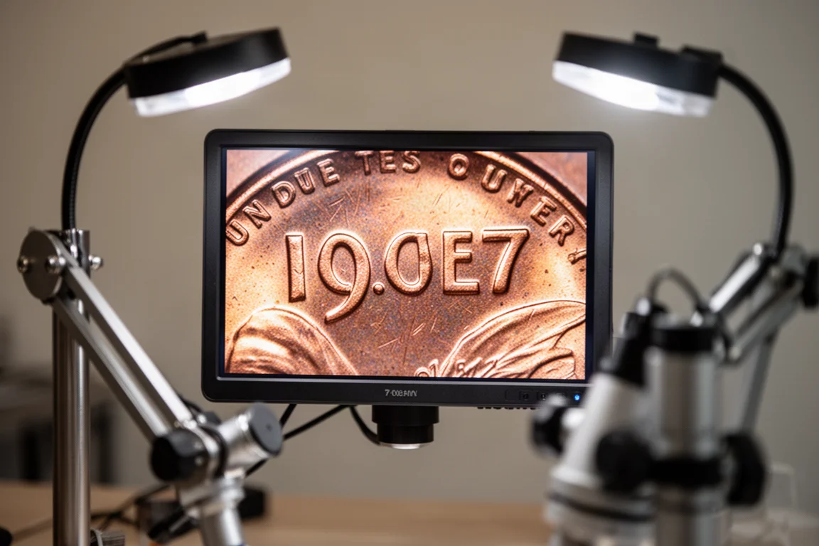 Digital microscope screen showing an extreme close-up of a penny's date