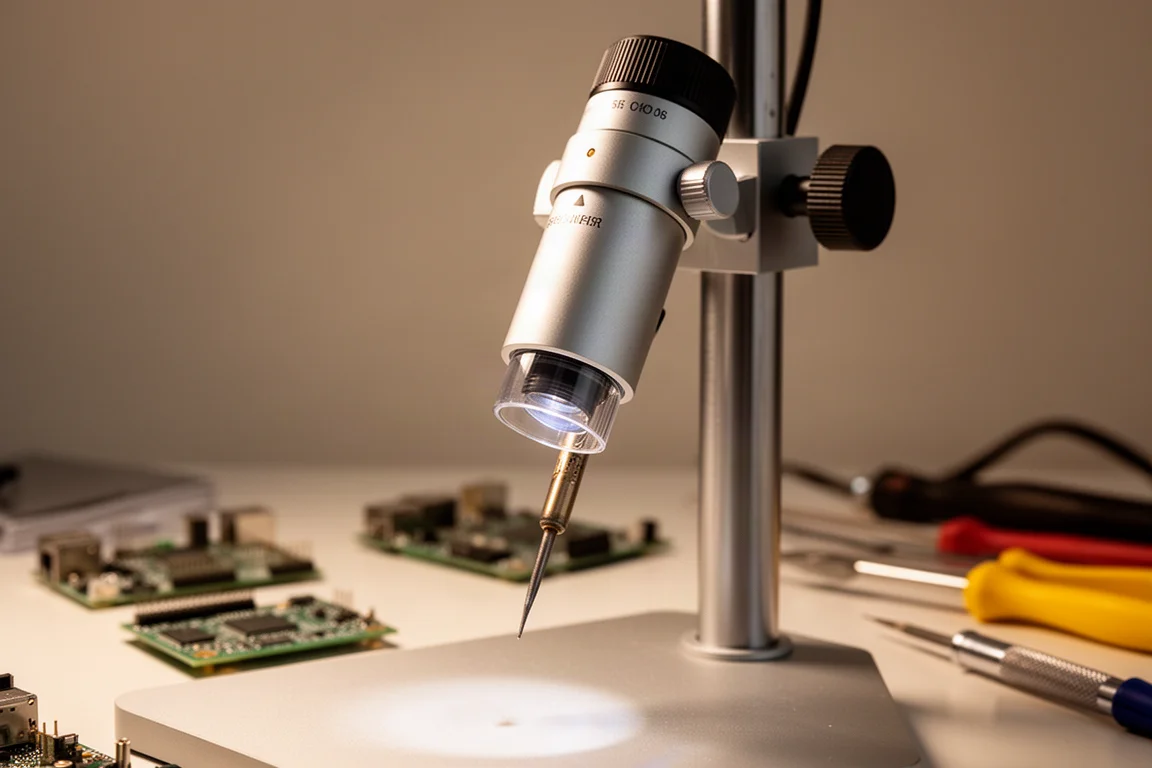 Soldering iron tip positioned under a microscope lens on a small circuit project
