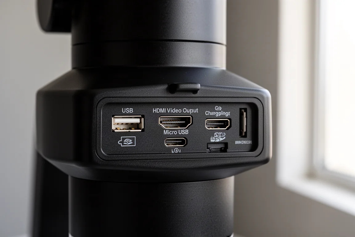 Rear panel of a digital microscope showing USB, HDMI, and micro SD ports