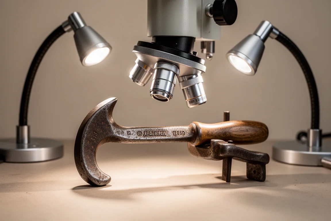 Vintage hand tool held under a microscope lens revealing fine stamped markings