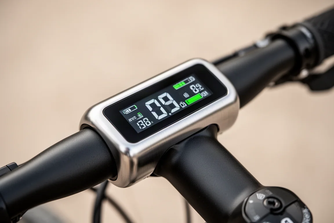 Närbild på en integrerad digital LCD-display monterad i en cykelstyrska