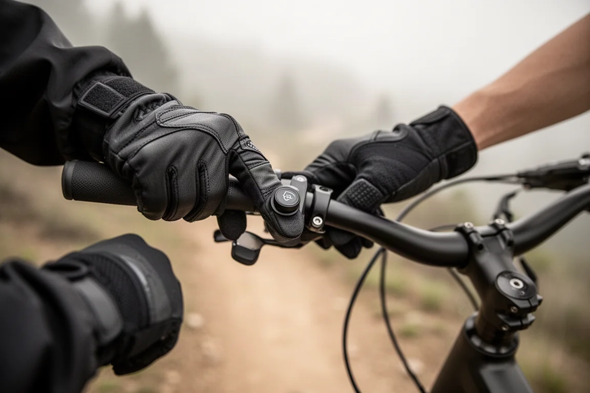 Förarens händer på en cykelstyrska som greppar en gasreglage för tummen