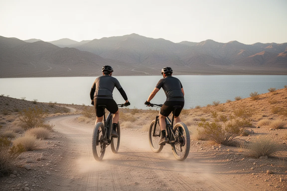 Två cyklister som kör elcyklar på en dammig ökentrail nära Lake Mead