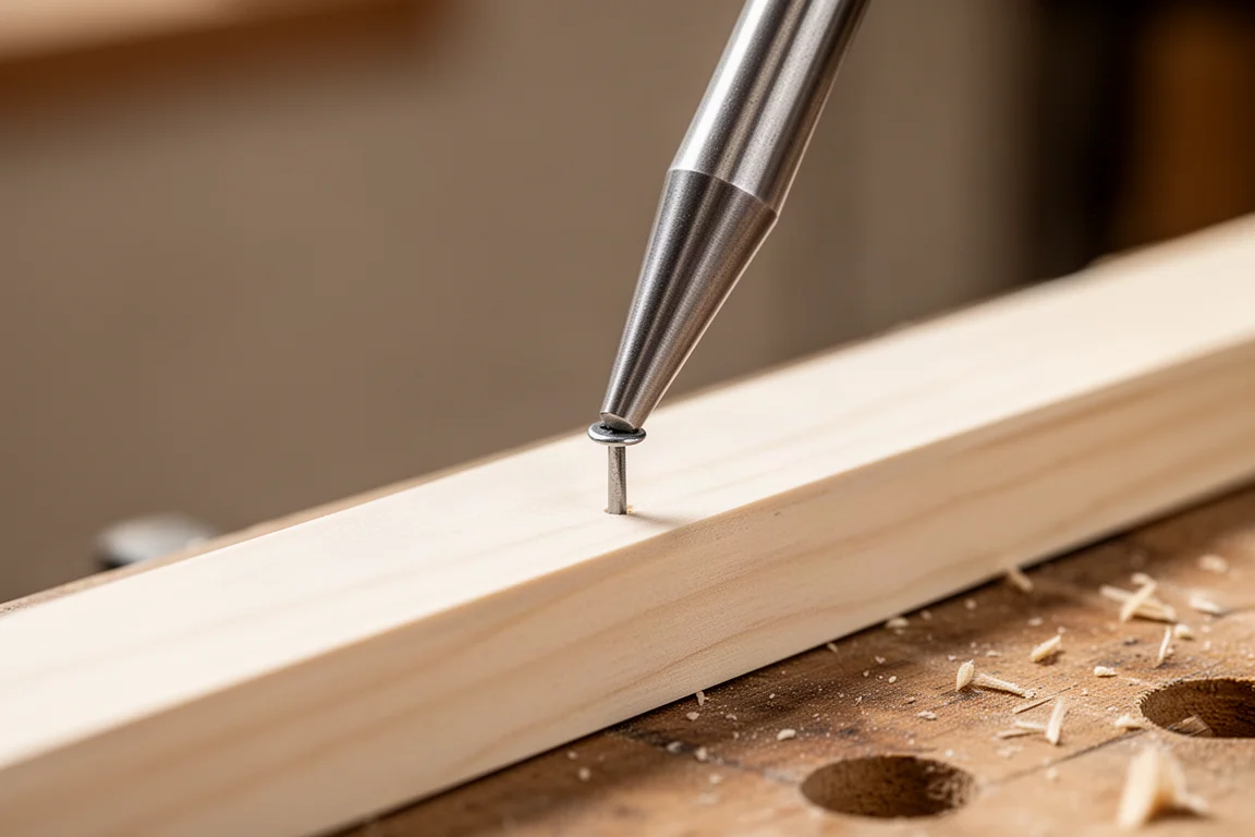 Punta del punzone per chiodi centrata sulla testa di un chiodo da finitura in un pezzo di listello in legno