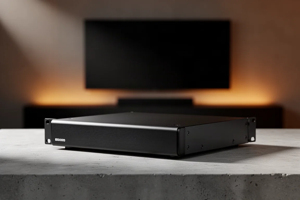 Compact matte black media server on concrete with blurred home cinema backdrop