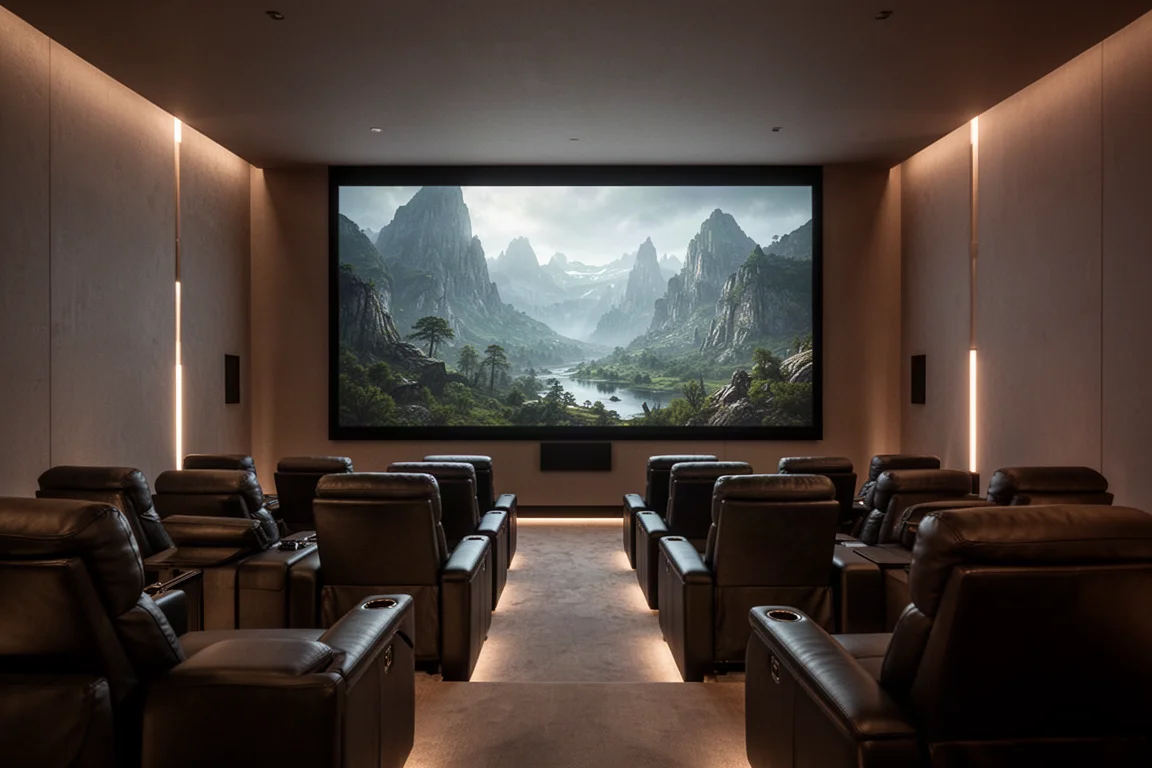 Home theater com iluminação suave, tela de projeção grande e brilhante e fileiras de poltronas reclináveis escuras