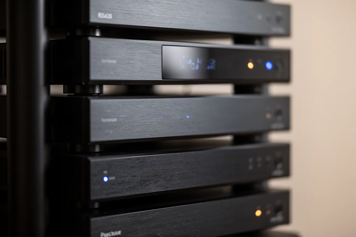 Close-up de um rack de equipamentos de home theater com componentes pretos finos e luzes indicadoras suaves