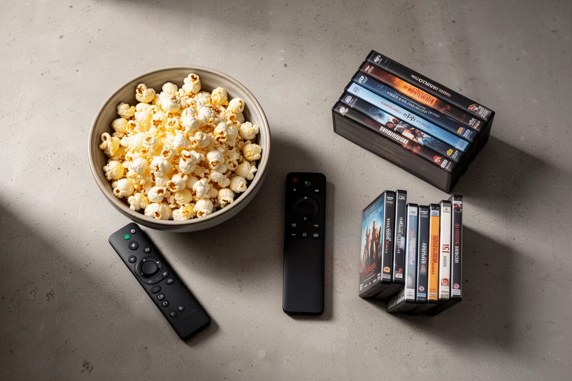 Vista superior de pipoca, um controle remoto e uma pilha de capas de filmes sobre concreto