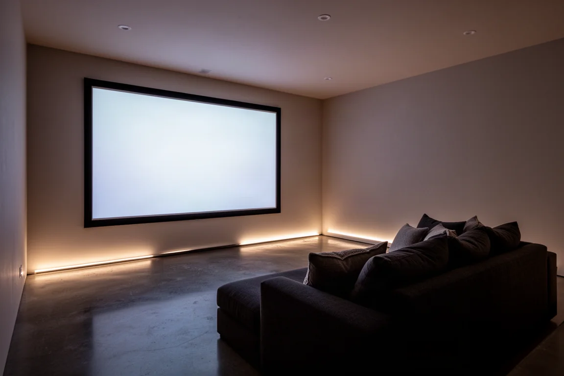 Sala de home theater aconchegante ao anoitecer com uma tela grande e brilhante e iluminação baixa no piso