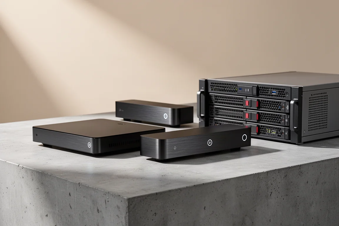 Two slim home theater media players and a storage server on a concrete surface