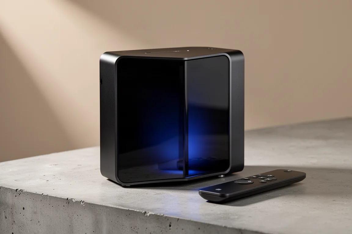 Compact black aluminum home cinema media player with a glowing glass front panel on a concrete surface
