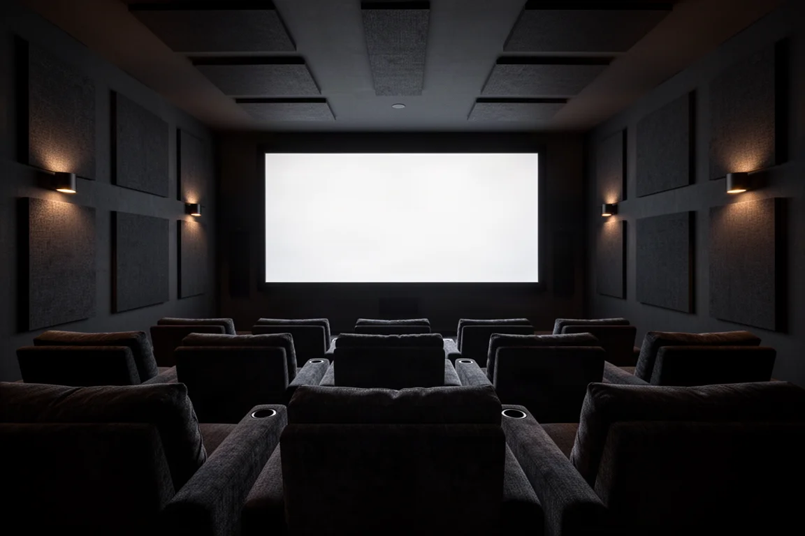 Dark home theater with glowing projection screen and tiered charcoal seating