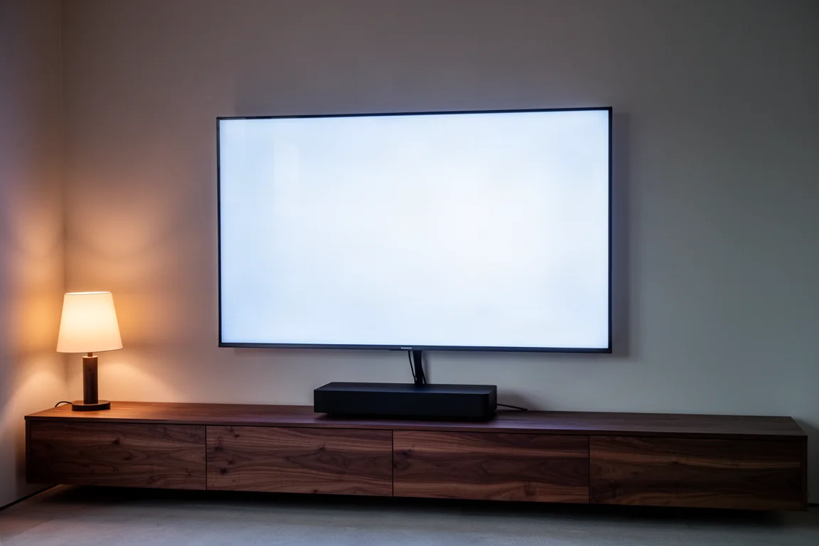 Media room at dusk with wall-mounted display and slim component on walnut console
