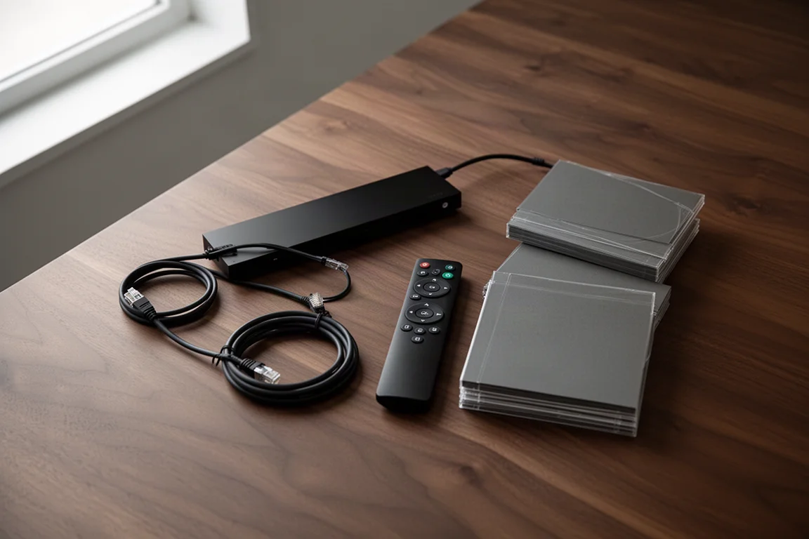 Overhead flat-lay of media player, Ethernet cable, remote and disc cases on walnut