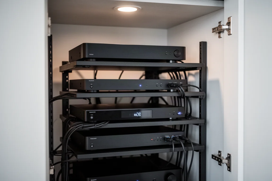 Equipment rack in AV closet with stacked matte-black components and routed cables