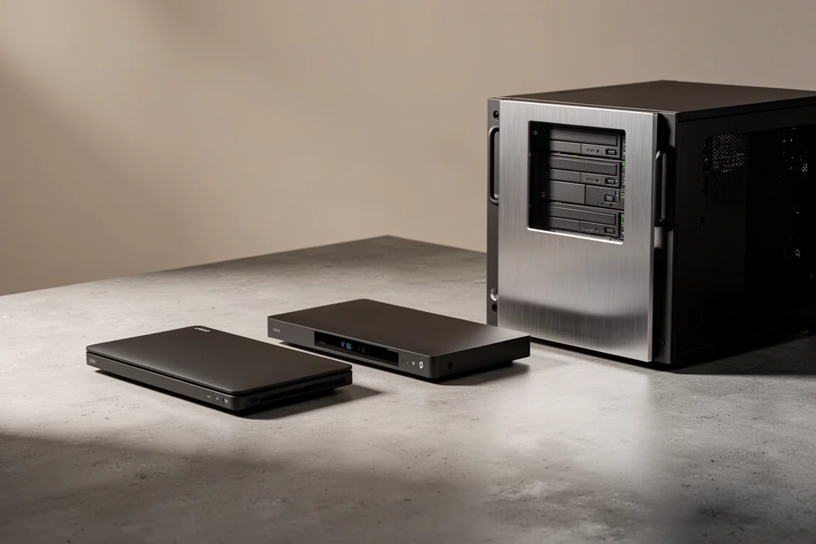 Three slim Kaleidescape movie players beside a rack-style Terra storage server