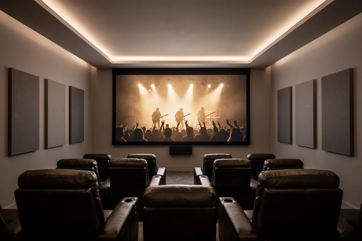 Sala de cine en casa con poca luz y una pantalla grande que muestra un escenario de concierto y filas de butacas de cuero