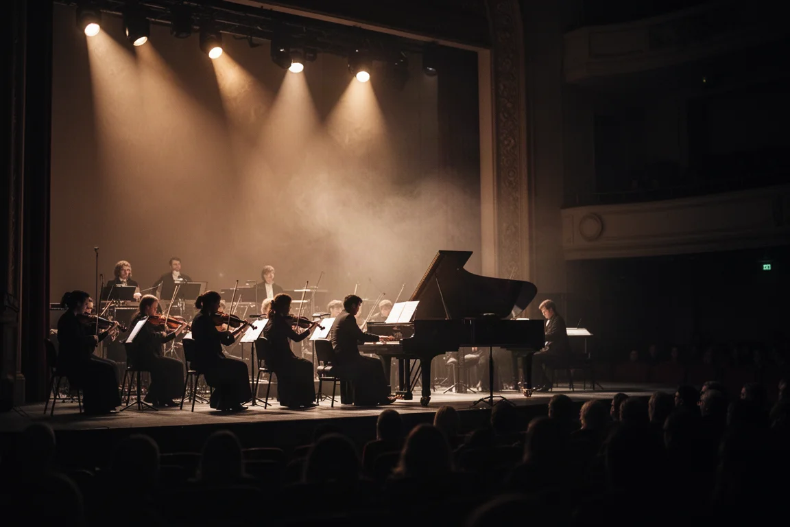 Orquesta y piano de cola en silueta sobre un escenario de concierto bajo focos ámbar cálidos