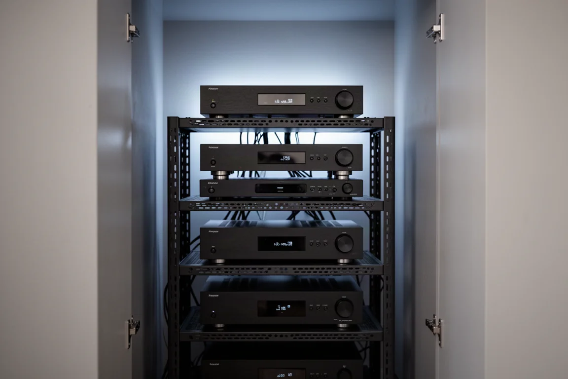Rack multimedia doméstico con componentes negros apilados, cableado ordenado e iluminación LED fría
