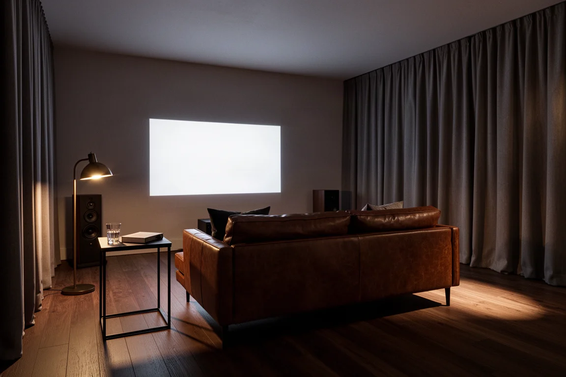 Sala de escucha con poca luz, un sofá de cuero frente a una pantalla que brilla suavemente por la noche