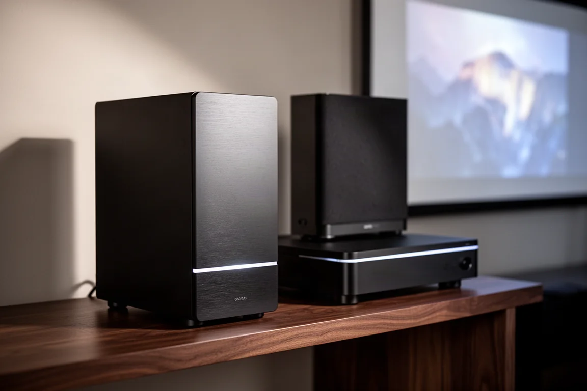 Two slim black Kaleidescape media server components on a walnut shelf in a home theater