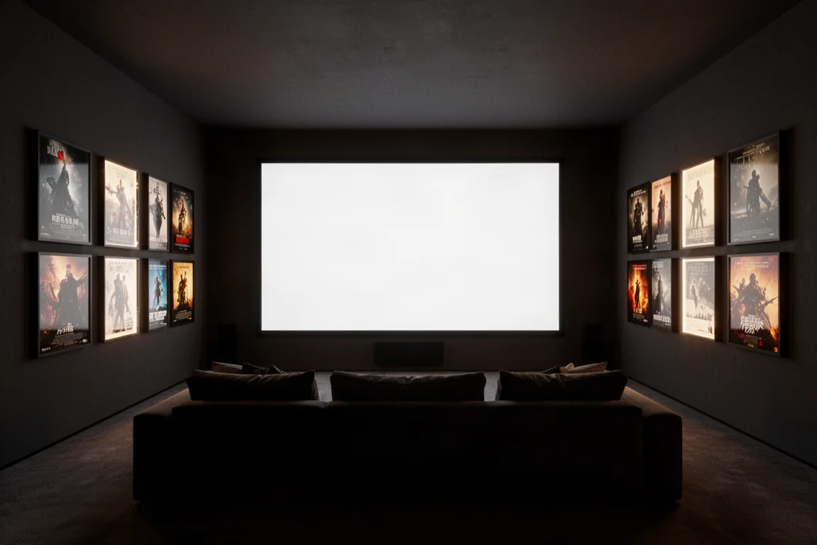 Home theater in penombra con un grande schermo di proiezione luminoso e posti a sedere vuoti