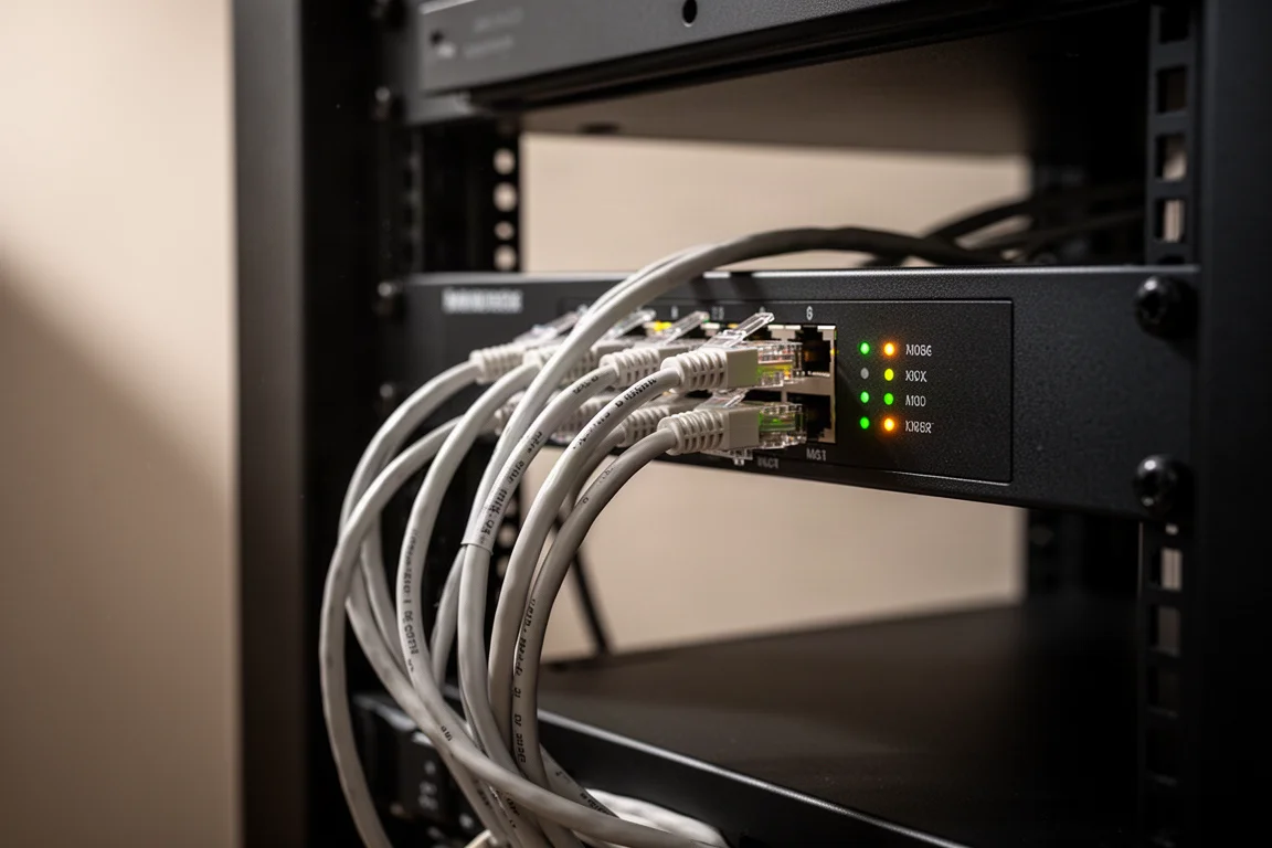 Cavo Ethernet collegato al pannello posteriore di un sottile lettore multimediale nero