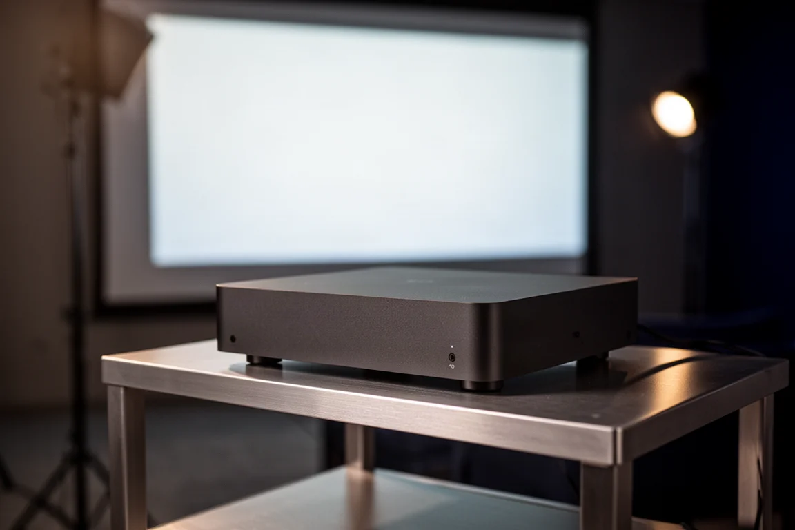 Slim black anodized home theater media player with glass front panel on concrete surface